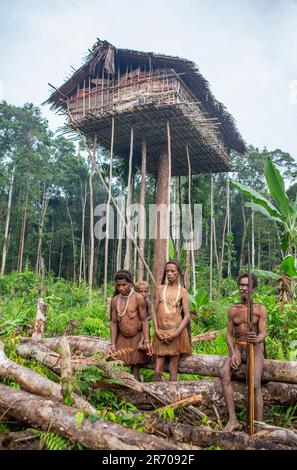 Nur wenige Leute sind Korowai-Stämme in der Nähe seines Hauses im Dschungel. Stamm der Korowai (Kombai, Kolufo). 10. Juni 2016 in Onni Village, Neuguinea, Indonesien Stockfoto