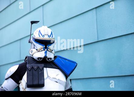 HARROGATE, GROSSBRITANNIEN - 3. JUNI 2023. Ein männlicher Cosplayer, verkleidet als Captain Rex aus der Star Wars Clone Wars Filmreihe bei einer britischen Comic Con Stockfoto