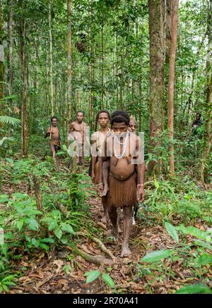 Die Bewohner des Dorfes des KorowaiStammes kehren aus dem Wald zurück