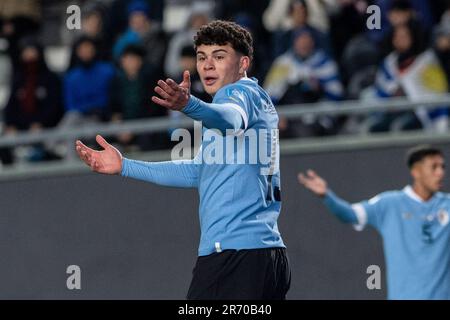 La Plata, Argentinien. 11. Juni 2023. Alan Matturro aus Uruguay zeigt während des Finalspiels der FIFA U-20 Fußball-Weltmeisterschaft Argentinien 2023 zwischen Italien und Uruguay auf der Estadio La Plata. (Foto: Manuel Cortina/SOPA Images/Sipa USA) Guthaben: SIPA USA/Alamy Live News Stockfoto