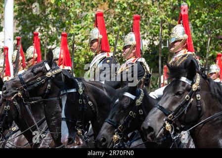 Colonel's Review von Trooping the Colour, abschließende Beurteilung der Militärparade vor der Veranstaltung nächste Woche. Blues & Royals Stockfoto