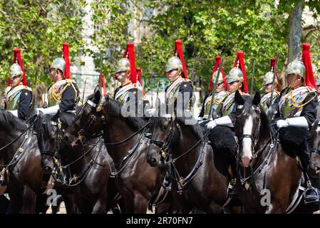 Colonel's Review von Trooping the Colour, abschließende Beurteilung der Militärparade vor der Veranstaltung nächste Woche. Blues & Royals Stockfoto