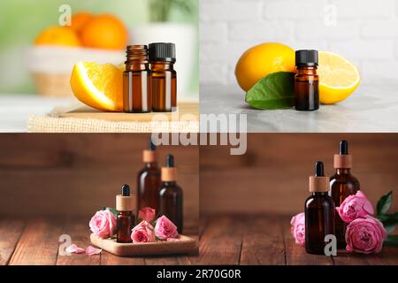 Ätherische Zitrusöle und Rosenöle in Glasflaschen, Collage-Design Stockfoto