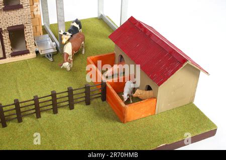 Ein Schweinestall aus Holz mit Tieren Stockfoto