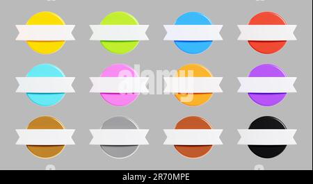 Starburst Sticker 3D Renderset – Kollektion von runden Sonnenschein- oder Sternenabzeichen für die Aktion. Stockfoto