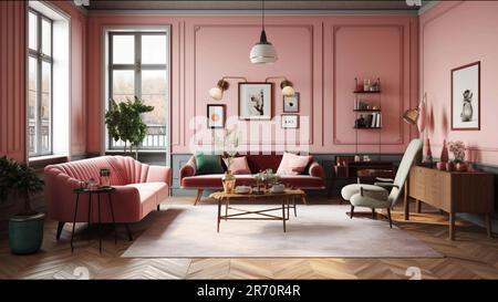 Eine 3D-Darstellung eines pinkfarbenen Wohnzimmers, Konferenzzimmers, Büroeinrichtung Stockfoto