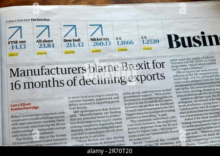 „Hersteller geben dem Brexit die Schuld für 16 Monate rückläufiger Exporte“, Artikel der Zeitung Guardian, 3. Juni 3 Juni 2023 in London, England, Großbritannien Stockfoto