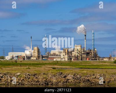 Die Fabrik Greatham Works von Venator Chemical ist vor blauem Himmel mit Teesmouth National Nature Reserve im Vordergrund zu sehen Stockfoto