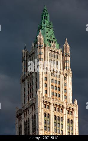 Woolworth Building, neogotische architektonische Details der Fassade. Lower Manhattan, New York City Stockfoto