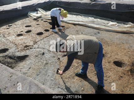 (230612) -- HANGZHOU, 12. Juni 2023 (Xinhua) -- Dieses undatierte Foto zeigt Archäologen, die am Dahutou-Standort im Yuecheng-Bezirk der Stadt Shaoxing in Ostchina in der Provinz Zhejiang arbeiten. PASSEND zu „Musical Instrument set from Antike Yue Kingdom Unground in East China“ (Zhejiang Institut für Kulturrelikte und Archäologie/Handout via Xinhua) Stockfoto