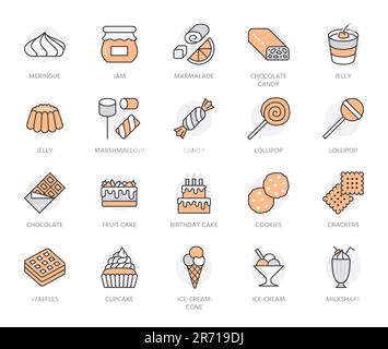 Süßes Essen, flache Symbole. Gebäck-Vektor-Illustrationen - Lollipop, Schokoriegel, Milchshake, Kekse, Geburtstagskuchen, marshmallow. Dünne Zeichen für Stock Vektor