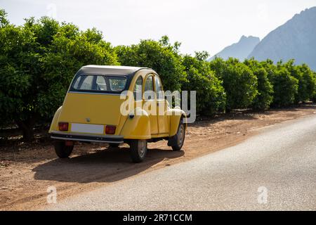 Klassisches Deux Chevaux Citroën 2CV in spanischer Landschaft mit Weinbergen Stockfoto
