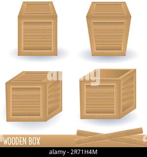 Abbildung einer Holzkiste in vier verschiedenen Positionen. Stock Vektor