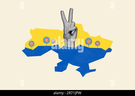 Kreative Collage Porträt in schwarz-weißen Farben Armfinger zeigen V-Schild ukraine Karte Sonnenblumen Siegeskrieg gegen russland Stockfoto