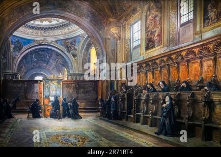 Il coro della chiesa di Santa Maria Donnaregina Nuova (der Chor der Kirche Santa Maria Donnaregina Nuova), ca. 1893 von Domenico Battaglia (Neapel 1842-1921) - Öl auf Leinwand Stockfoto