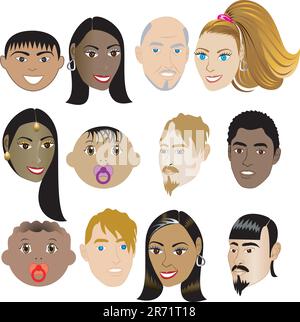 Menschen Gesichter 4. Vektor-Illustration-Set 12 Völker auf eine vielfältige Reihe von Kulturen. Auch in anderen Sets erhältlich. Stock Vektor
