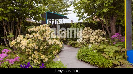 Der von Charlie Hawkes entworfene National Brain Appeals Rare Space Garden auf der Chelsea Flower Show 2023 in London, Großbritannien. Stockfoto