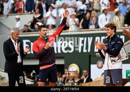 Paris, Frankreich. 11. Juni 2023. Novak Djokovic während des French Open-Finales, Grand-Slam-Tennisturnier am 11. Juni 2023 im Roland-Garros-Stadion in Paris, Frankreich. Kredit: Victor Joly/Alamy Live News Stockfoto