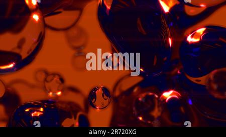 Lichtdurchlässige Filmkugeln mit orangefarbener Beleuchtung auf schwarzem Hintergrund – abstrakte 3D-Abbildung Stockfoto