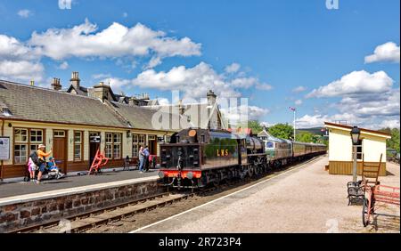 Strathspey Steam Railway Schottland im Frühsommer landet die Dampfeisenbahn LMS 5025 an der Haltestelle Boat of Garten mit Leuten auf dem Bahnsteig Stockfoto