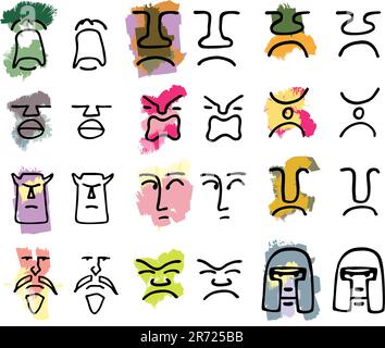 Zwölf handgezeichnete Tribal-Masken-Symbole mit verschiedenen Emotionen nur in Farbe oder Schwarz. Stock Vektor