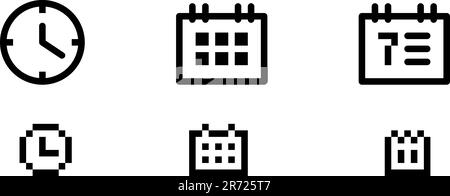 Uhr und zwei Kalendervarianten. Symbole werden am Pixelraster ausgerichtet. Dies bedeutet, dass die Bilder für die Verwendung in kleinen Größen vorbereitet werden. Perfekt für ... Stock Vektor