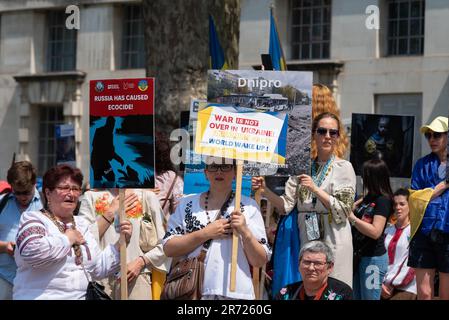 Ukrainischer Ökozid protestiert gegen die russischen Aktionen während ihres Krieges gegen die Ukraine. Findet in Whitehall, London, UK statt. Stockfoto