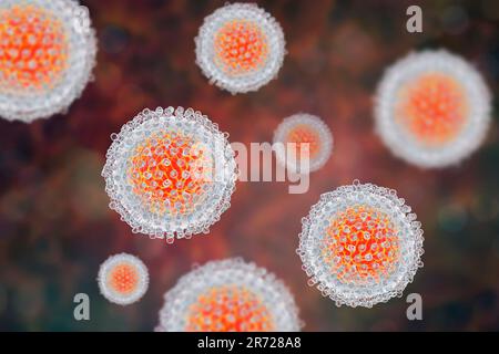 Hepatitis-C-Virus, Kunstwerke. Hepatitis C wird am häufigsten durch Blutkontakt, durch Bluttransfusionen oder durch die gemeinsame Nutzung infizierter Nadeln übertragen. Es ist ca. Stockfoto