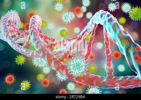 Konzeptionelles Bild zur Interaktion zwischen Viren und Wirtszellen-DNA. Die Intergation von Viren in die DNA ist der entscheidende Schritt in der Onkogenese. Mehrere Viren, s Stockfoto