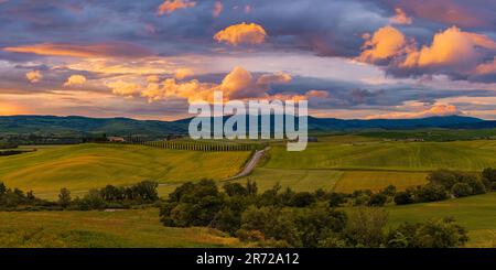 Es ist Frühling und hier sehen wir ein breites 2:1-Panoramabild eines Sonnenaufgangs im Agriturismo Poggio Covili, das sich in Val d'Orcia in der toskanischen Landschaft befindet Stockfoto
