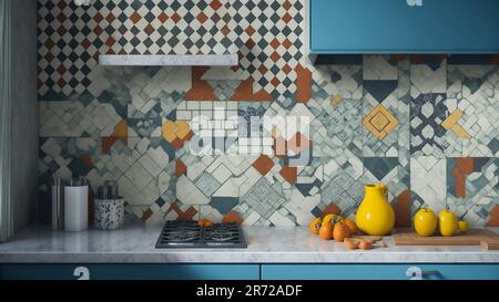 Eine minimalistische kompakte Küche mit bunten Fliesen im Vintage-Stil. Stockfoto