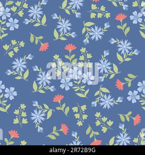 Nahtloses Blumenmuster. Verstreute Blumen, Pflanzen, Zweige und Blätter auf blauem Hintergrund. Vektordarstellung in flacher Form. Stock Vektor