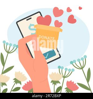 Ehrenamtlich tätiges Handheld-Telefon mit mobiler Spende-App. Person, die ein Smartphone hält, um Geld zu spenden, Abbildung eines flachen Vektors. Das Konzept der Unterstützung und Solidarität Stock Vektor