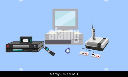 Ein Set aus Retro-Artikeln alter Hipster-Elektronik aus den 70s, 80s, 90s Computern, Videorekordern, Spielekonsolen, Computer und Mobiltelefon Stock Vektor