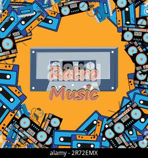 Alter quadratischer Retro-Posterrahmen im Vintage-Stil mit Musik-Audiokassette für Audiorecorder mit Magnetband von 70s, 80s, 90s Vektor-Abbildung. Stock Vektor