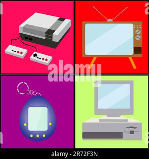 Ein Satz alter antiker Retro-Hipster-Analogtechnologie, Elektronik für Videospiele, ein Präfix und ein Taschenspielzeug, Fernseher und Computer aus den 80ern, 90 Stock Vektor