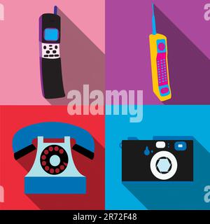 Ein Set aus vier einfachen Symbolen im flachen Stil mit einem langen Schatten alter alter alter, alter Hipster-Elektronik im Retro-Stil, Mobiltelefonen mit Wähltasten und Slide Stock Vektor