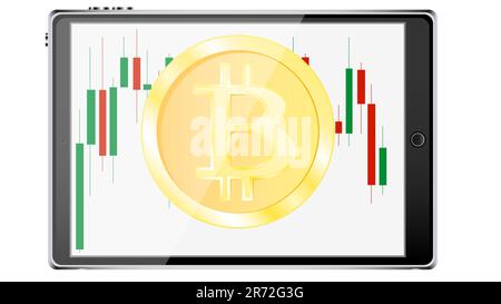 Ein realistischer, intelligenter Tablet-Computer mit einem Wechseldiagramm der Preisänderungen mit einer Bitcoin-Münze, einer Kryptowährung in Form von japanischen Kerzen auf dem Stock Vektor