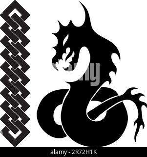 Silhouette des Drachen und Kette. Gothic Black tattoo Stock Vektor