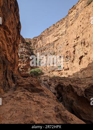 Wanderung durch den berühmten Amtoudi Canyon im Anti-Atlas, Marokko Stockfoto