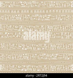 Beige weiße Linie von Hand gezeichneter Boho-Vektor nahtloses Muster umrandet ägyptische Symbole wie Hieroglyphen. Er kann für Textilien, Bucheinband, Drucke verwendet werden Stock Vektor
