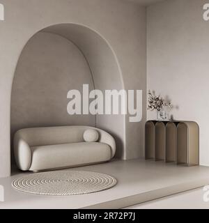 Konzeptioneller Innenraum mit bogenförmigen Stuckwänden. Sofa mit kreativer Zusammensetzung und Bogen in warmen Beige-Pastelltönen. Leerer Hintergrund für Modell. 3D Stockfoto