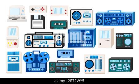 Set aus alter Isometrie-Elektronik im Retro-Stil: Tonbandkassetten-Recorder, Computer, Spielkonsolen für Videospiele aus den 70s, 80s und 90s Jahren. Vect Stock Vektor