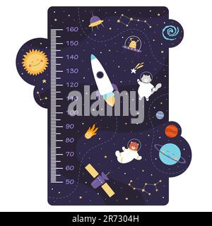 Größendiagramm für Kinder mit niedlichen Tieren aus dem Weltraum. Comet und Bär im Raumanzug fliegen zwischen Rakete und Satellit, Kometen und Planeten des Weltraums, Kindergarten-Wandlineal. Stock Vektor