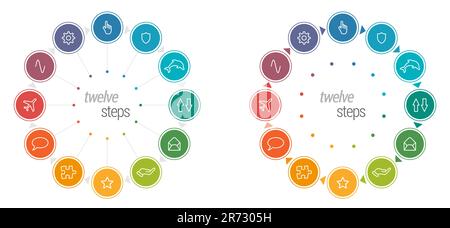 Zwölf Kreise in jeder Farbe, verbunden mit dreieckigen Pfeilen, die einen größeren Kreis bilden – Infografiken für mehrere Schritte Stock Vektor