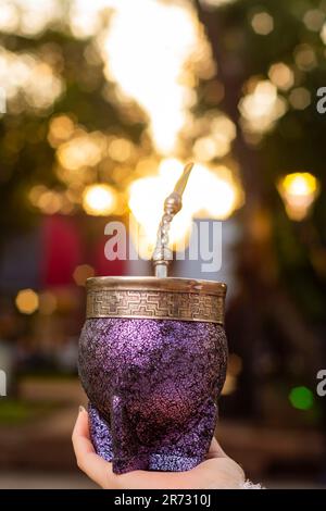 Eine Nahaufnahme der Hand der Frau, die eine lila Mate-Tasse mit Mate Bombilla hält. Stockfoto