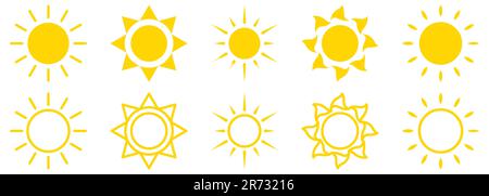 Set von Sonnensymbolen. Wettersymbole im flachen und Strichkunststil. Vektordarstellung isoliert auf weißem Hintergrund Stock Vektor