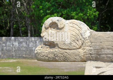 Schlangenkopfschnitzerei in Chichen Itza, Yucatan, Yucatan Halbinsel, Mexiko. Stockfoto