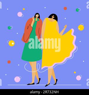 Das Vektorbild mit ein paar Mädchen, Freundinnen, Teenagern oder Frauen. Es gibt BBF und Spaß und Feiertage. Der Vektor ist gut für Poster Stock Vektor