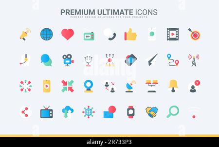 Kommunikationsturm- und Satellitensystem, globaler Support, E-Mail-Benachrichtigung und Chat-Nachrichten-Symbole. Soziale Medien, globale Netzwerktechnologie trendige flache Symbole dienen als Vektordarstellung Stock Vektor